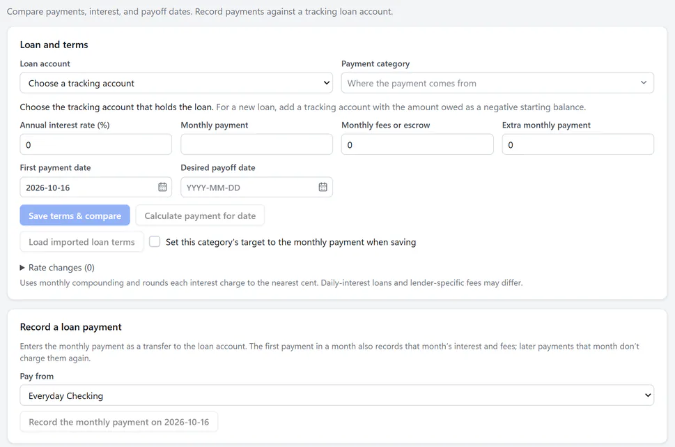 The loan planner: fields for the loan account, payment category, annual interest rate, monthly payment, fees or escrow, extra monthly payment, first payment date and desired payoff date, with buttons to compare and to calculate the payment for a date, and a section for recording a loan payment.