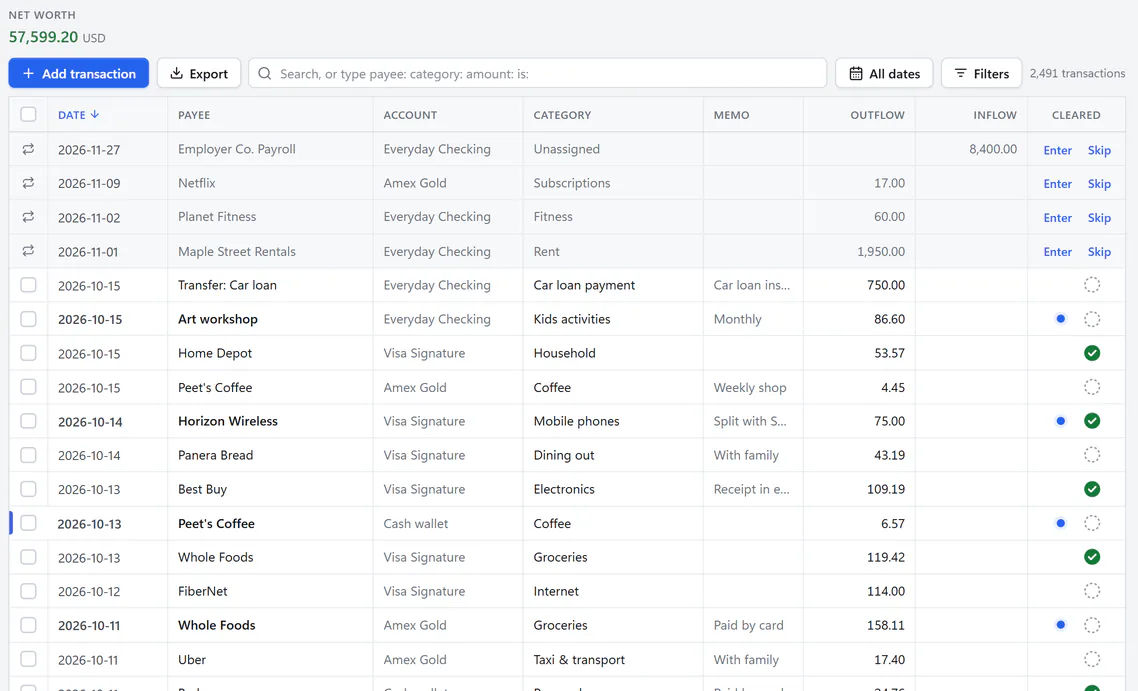 The All transactions register. A search box accepts payee:, category:, amount: and is: filters above rows of transactions with date, payee, account, category, memo, outflow and cleared status. Upcoming scheduled transactions at the top have Enter and Skip buttons.